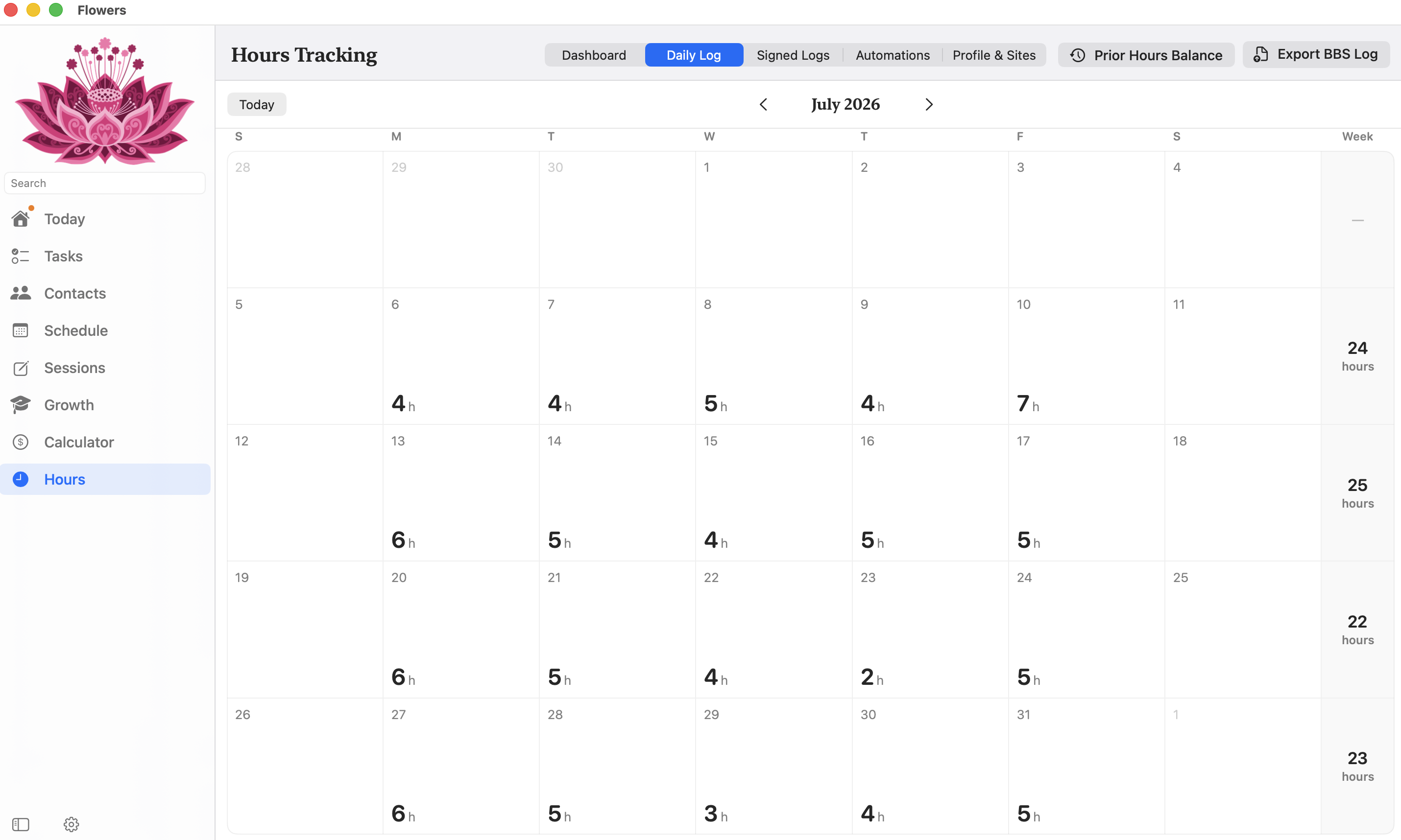 Daily Log calendar for July, with hours logged on each weekday and a running total for each week