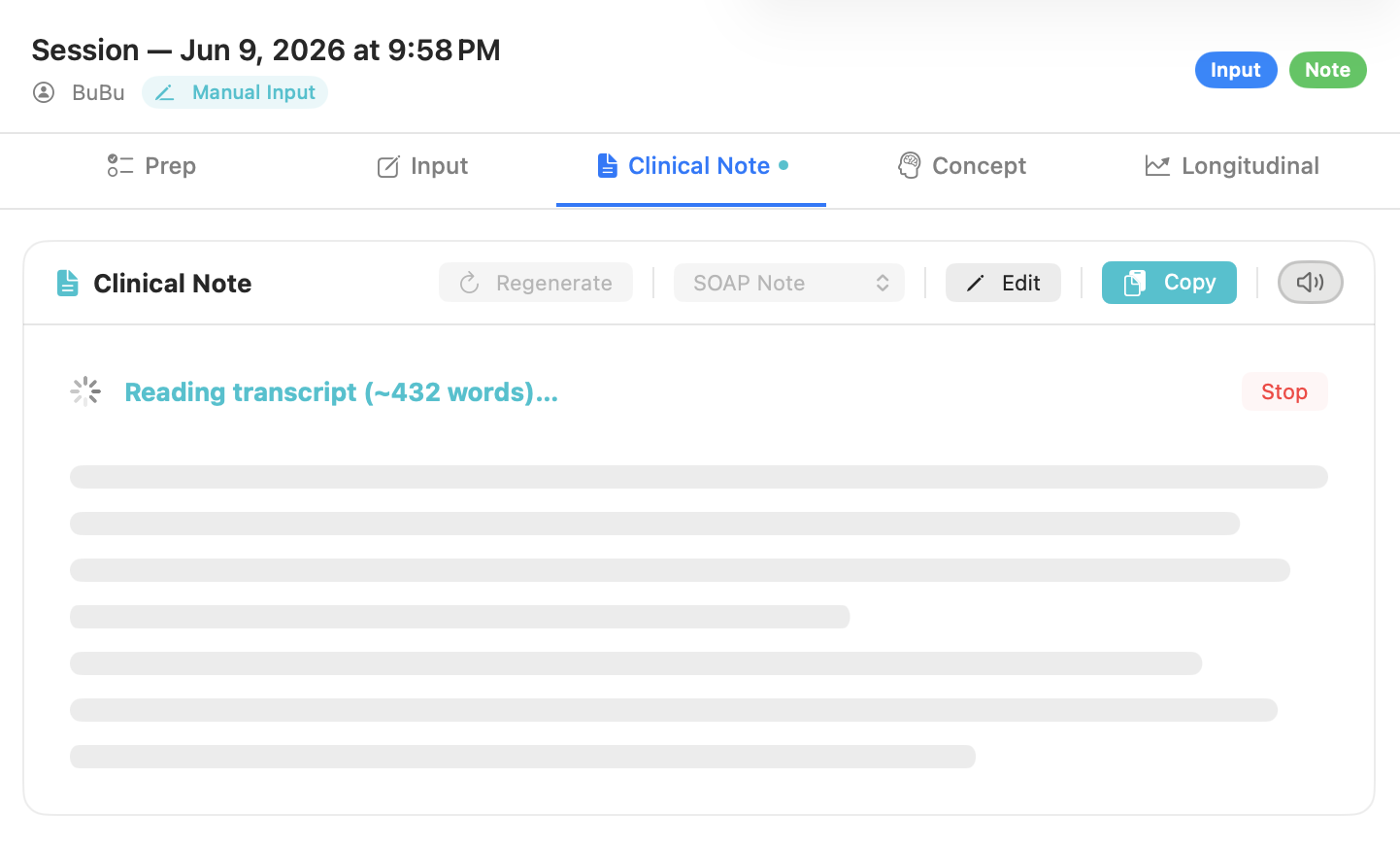 Flowers app generating a clinical note — the Clinical Note tab active, showing a SOAP note being written on-device