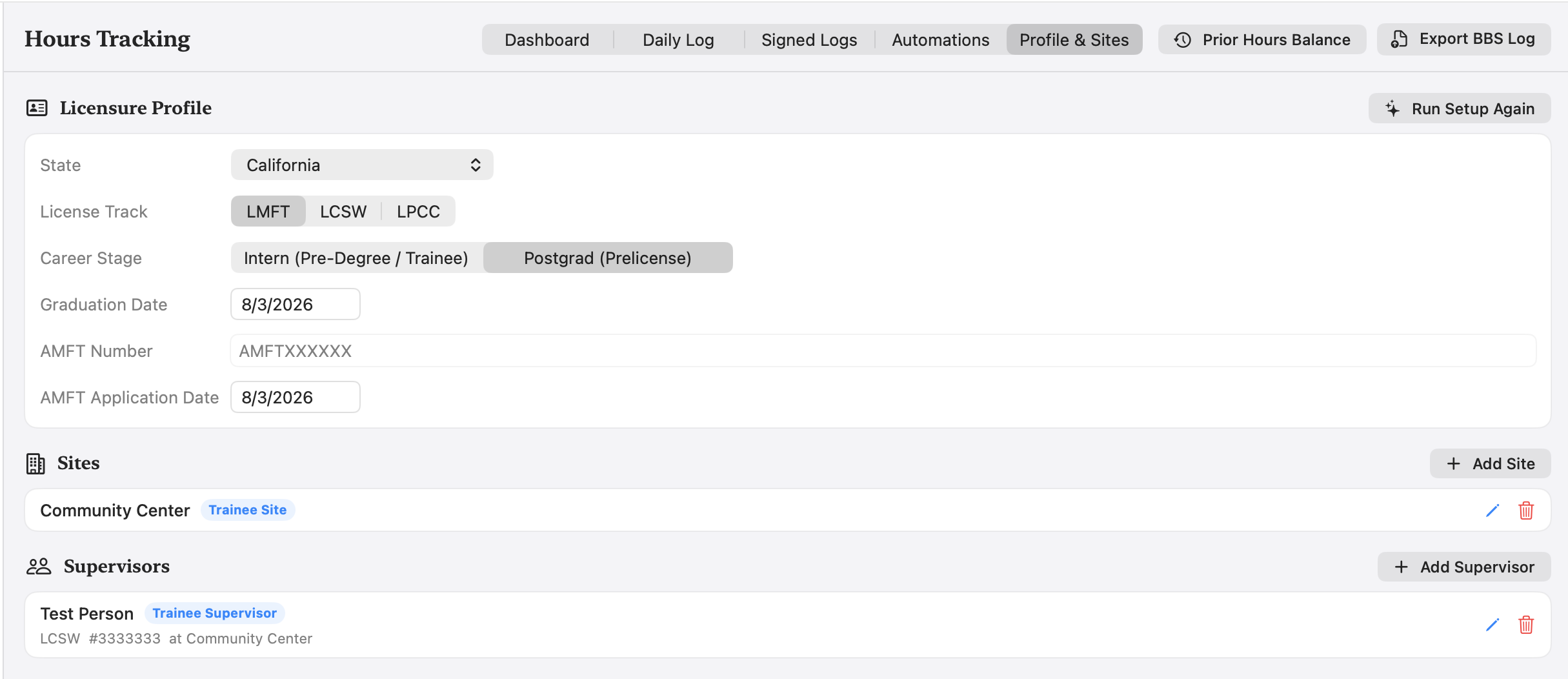 Profile and Sites tab showing the licensure profile with state, license track and career stage, plus a placement site and its supervisor
