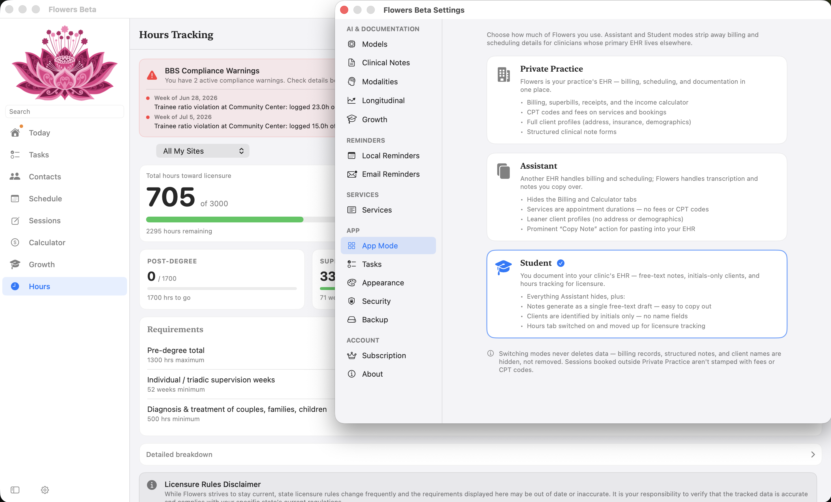 Settings showing the three app modes, with Student selected: free-text notes, initials-only clients, and hours tracking switched on for licensure